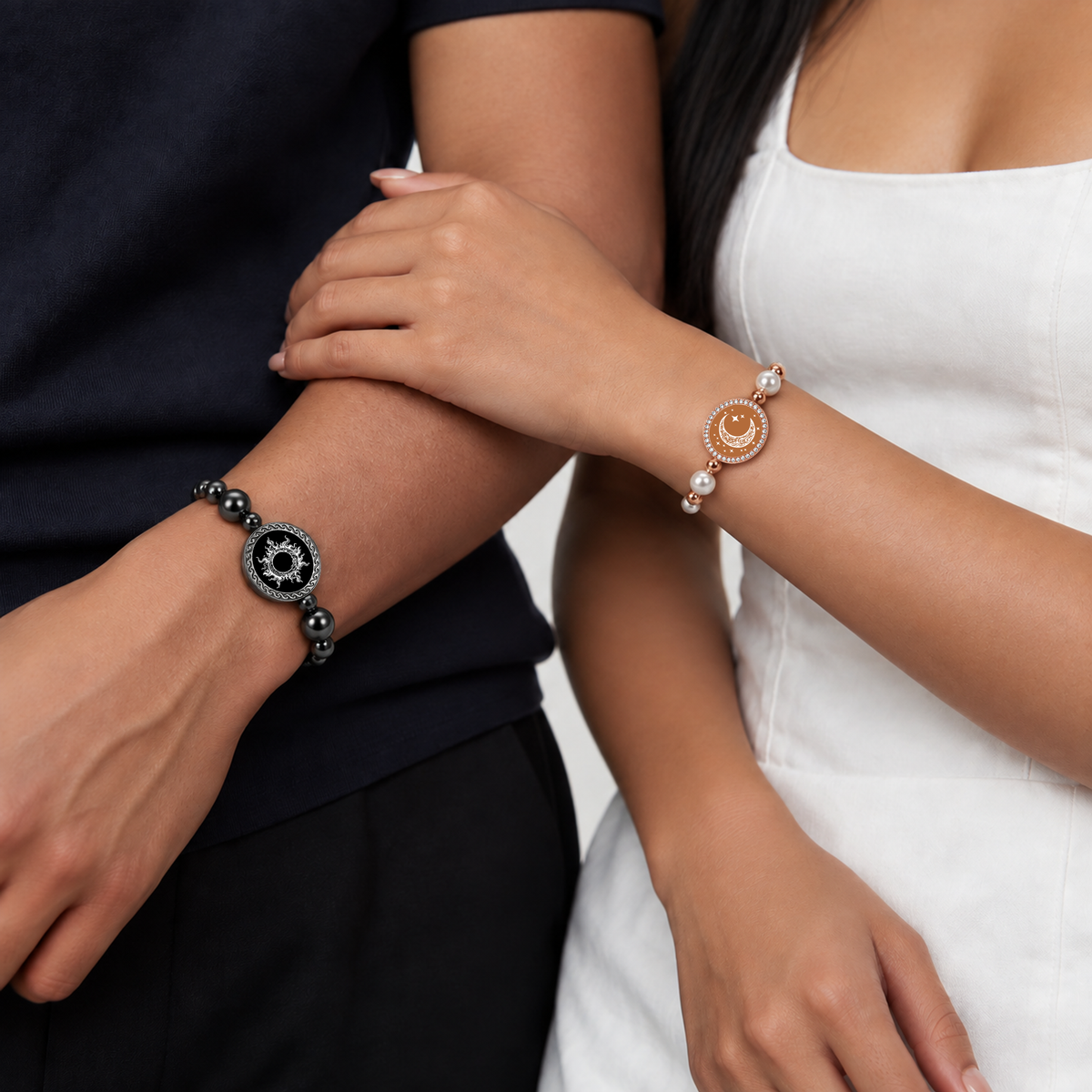 TUTEVETA Emotionsverbindendes Smart-Armband-Set mit Figaro-Kette (Schwarz & Roségold)