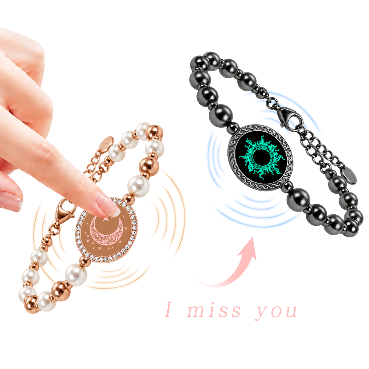 TUTEVETA Emotion-Connected Smart Bracelet Set with Figaro Chain (Black &amp; Rose Gold)